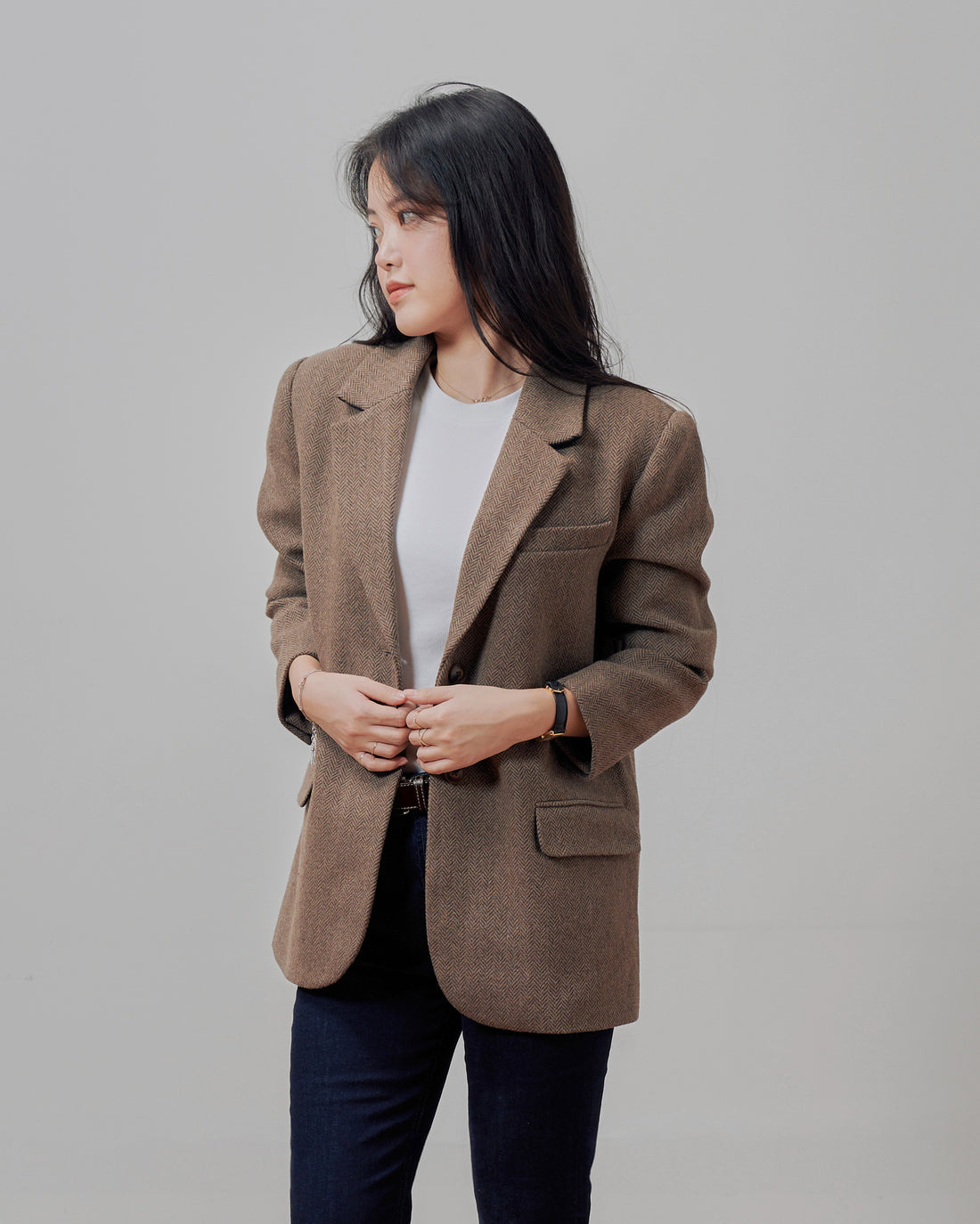 Penny Herringbone Blazer + Brown - Little Puffy