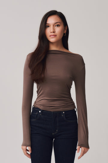Alba Boat Neck Jersey Top + Brown - Little Puffy