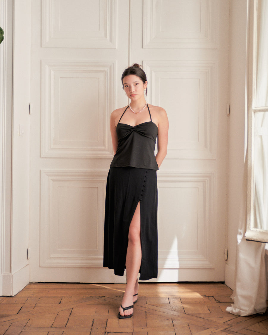 RUCHED HALTER TOP - BLACK - Little Puffy