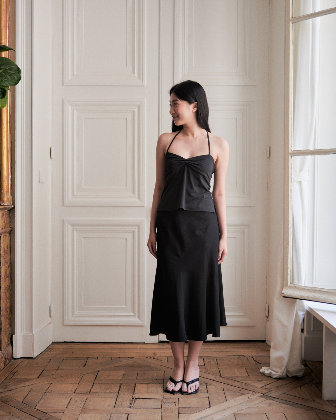 RUCHED HALTER TOP - BLACK - Little Puffy