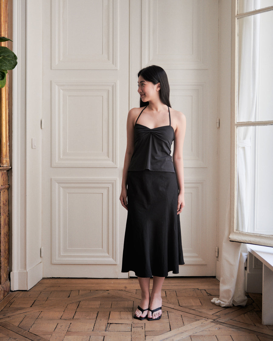RUCHED HALTER TOP - BLACK - Little Puffy