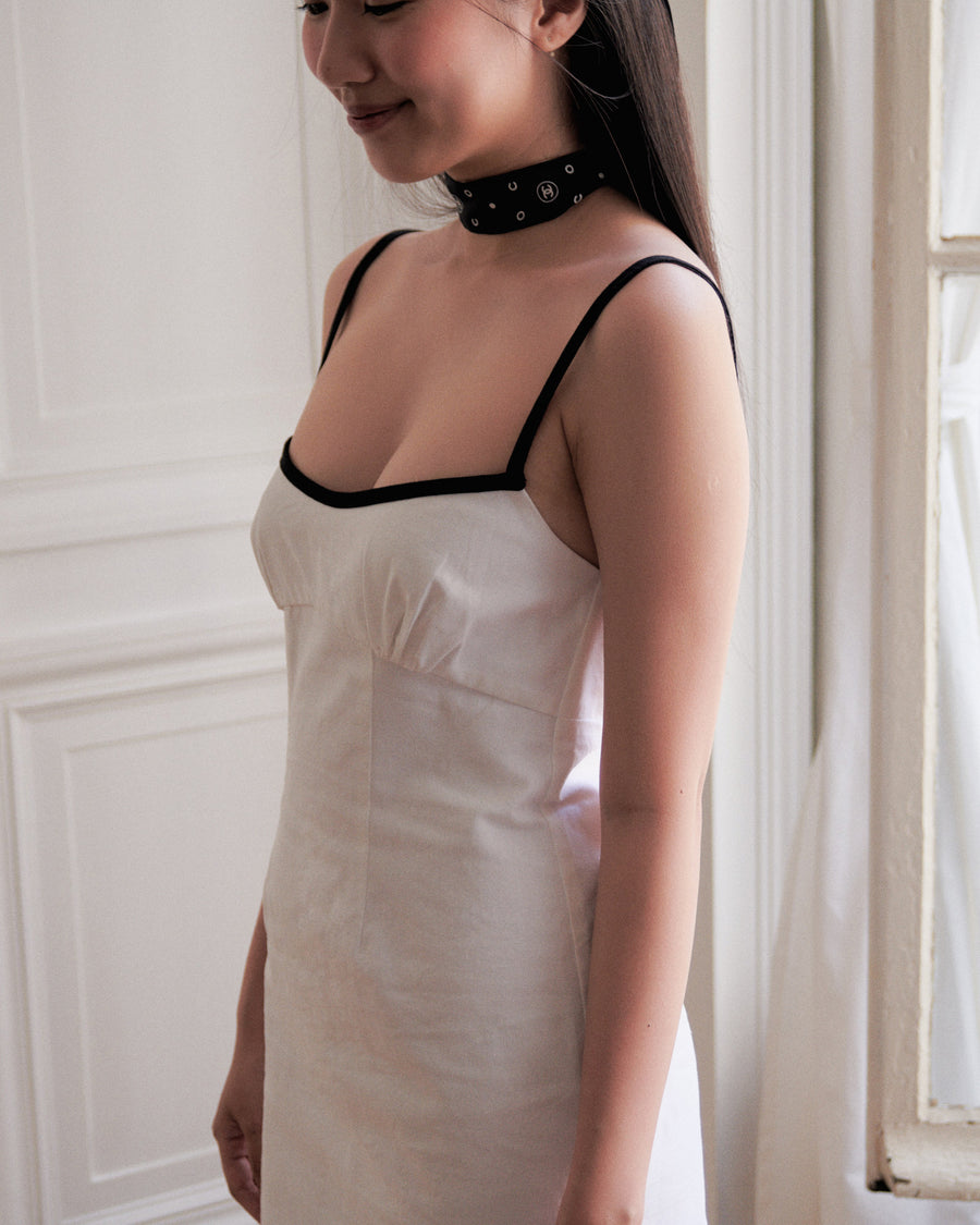 Linen Contrast Mini Dress + White - Little Puffy