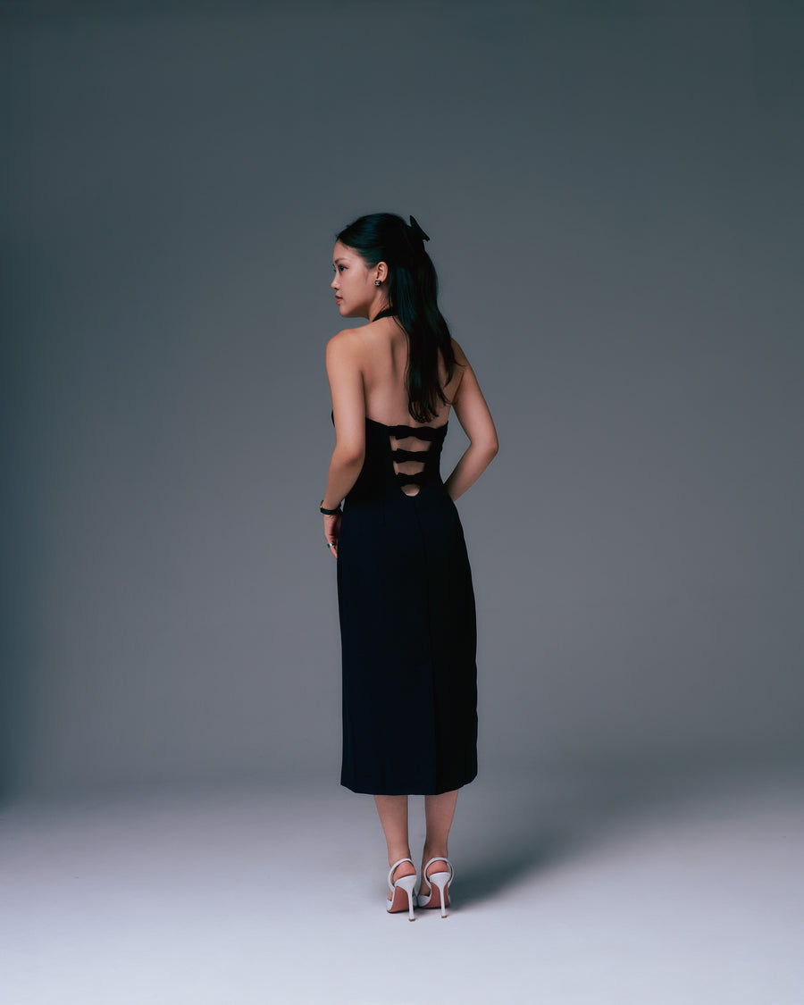 Audrey Bow Midi Dress + Black - Little Puffy