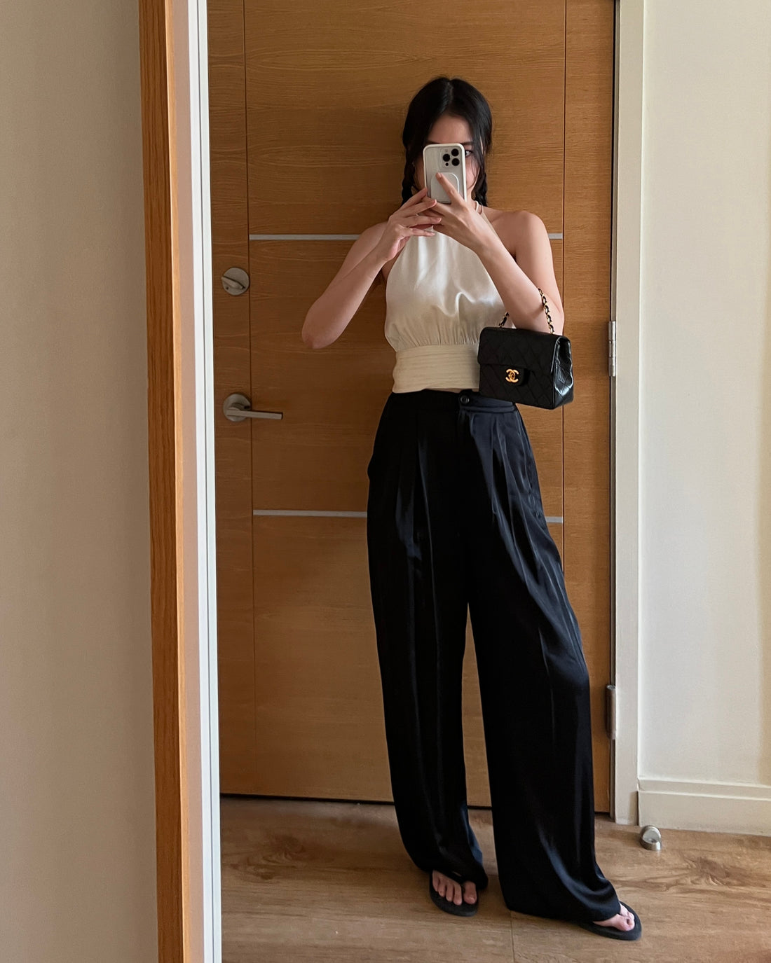 SATIN WIDE LEG PANTS - BLACK - Little Puffy