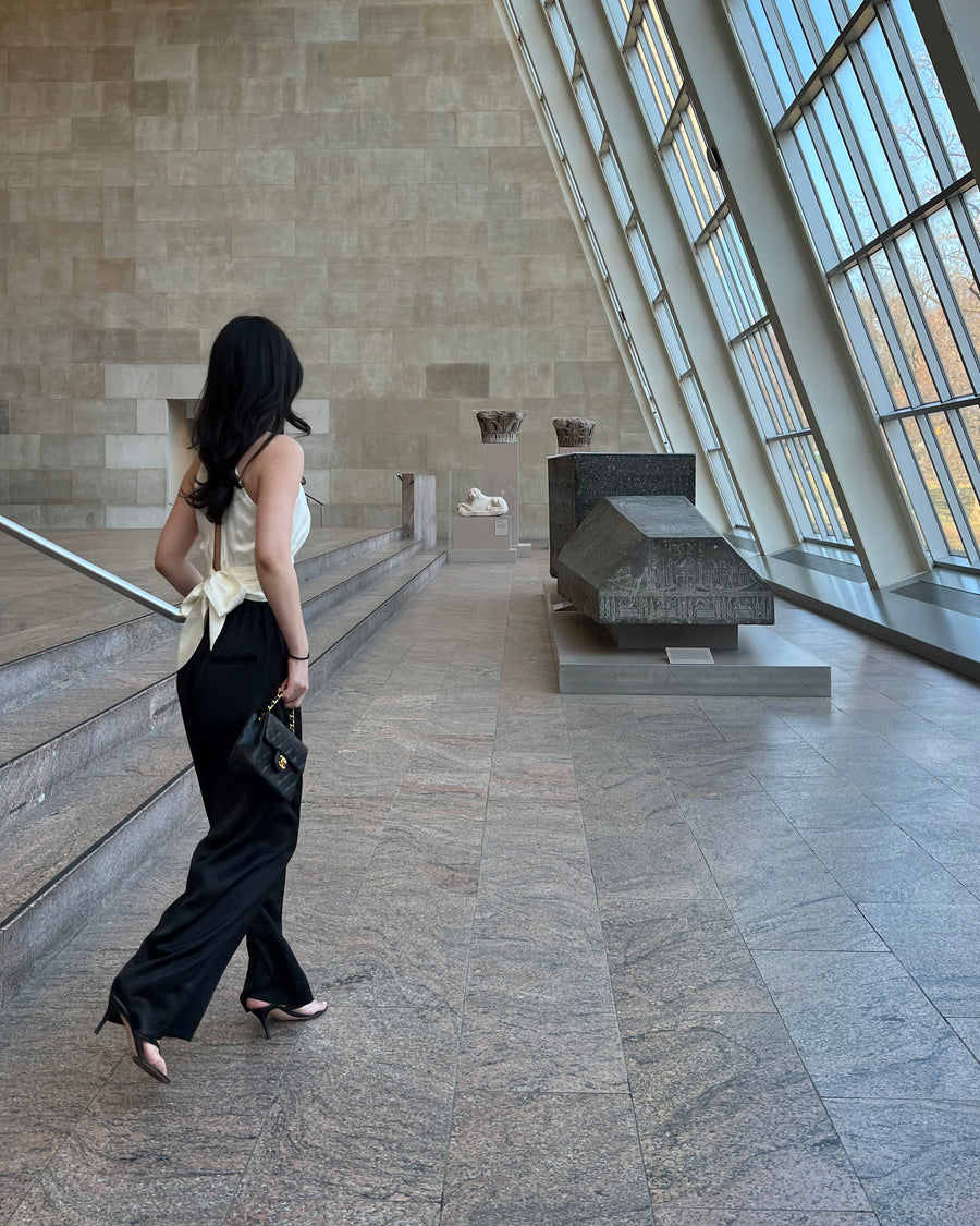 SATIN WIDE LEG PANTS - BLACK - Little Puffy
