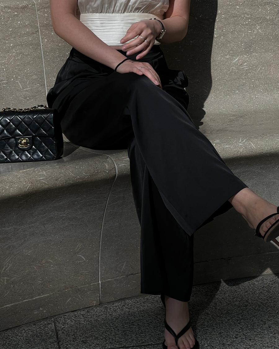 SATIN WIDE LEG PANTS - BLACK - Little Puffy