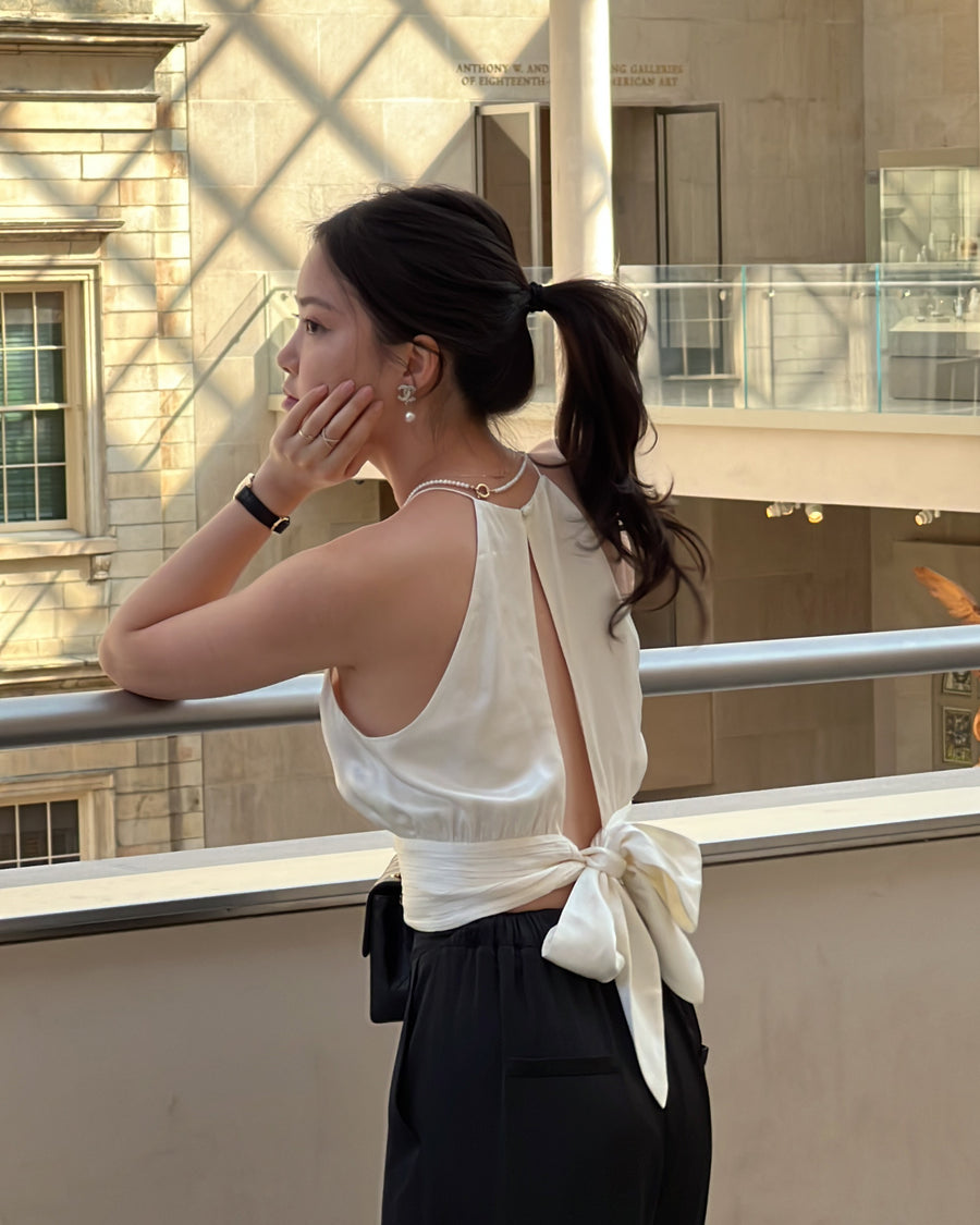 RIBBON SATIN TOP - IVORY - Little Puffy