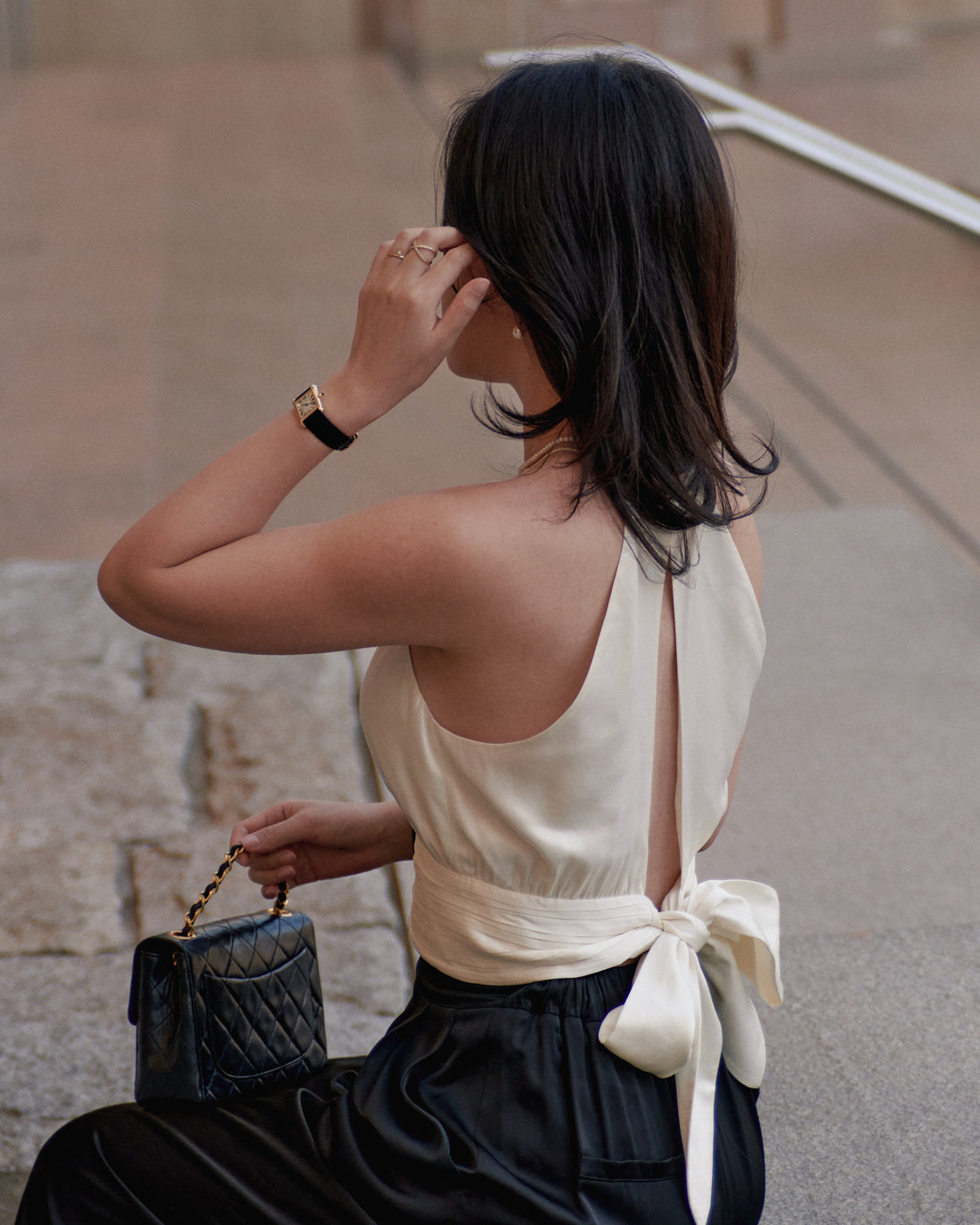 RIBBON SATIN TOP - IVORY - Little Puffy