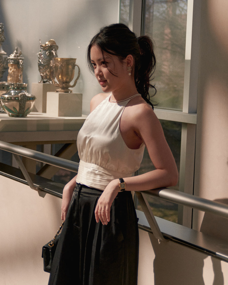 RIBBON SATIN TOP - IVORY - Little Puffy